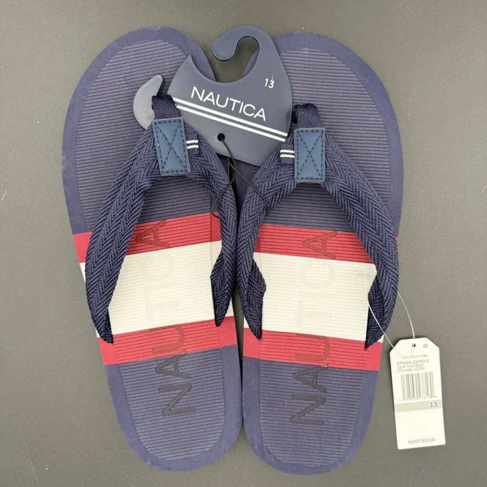 Nautica Mens Eccen‎ Flip Flops Size 13 Navy Blue Red White Striped Sandals